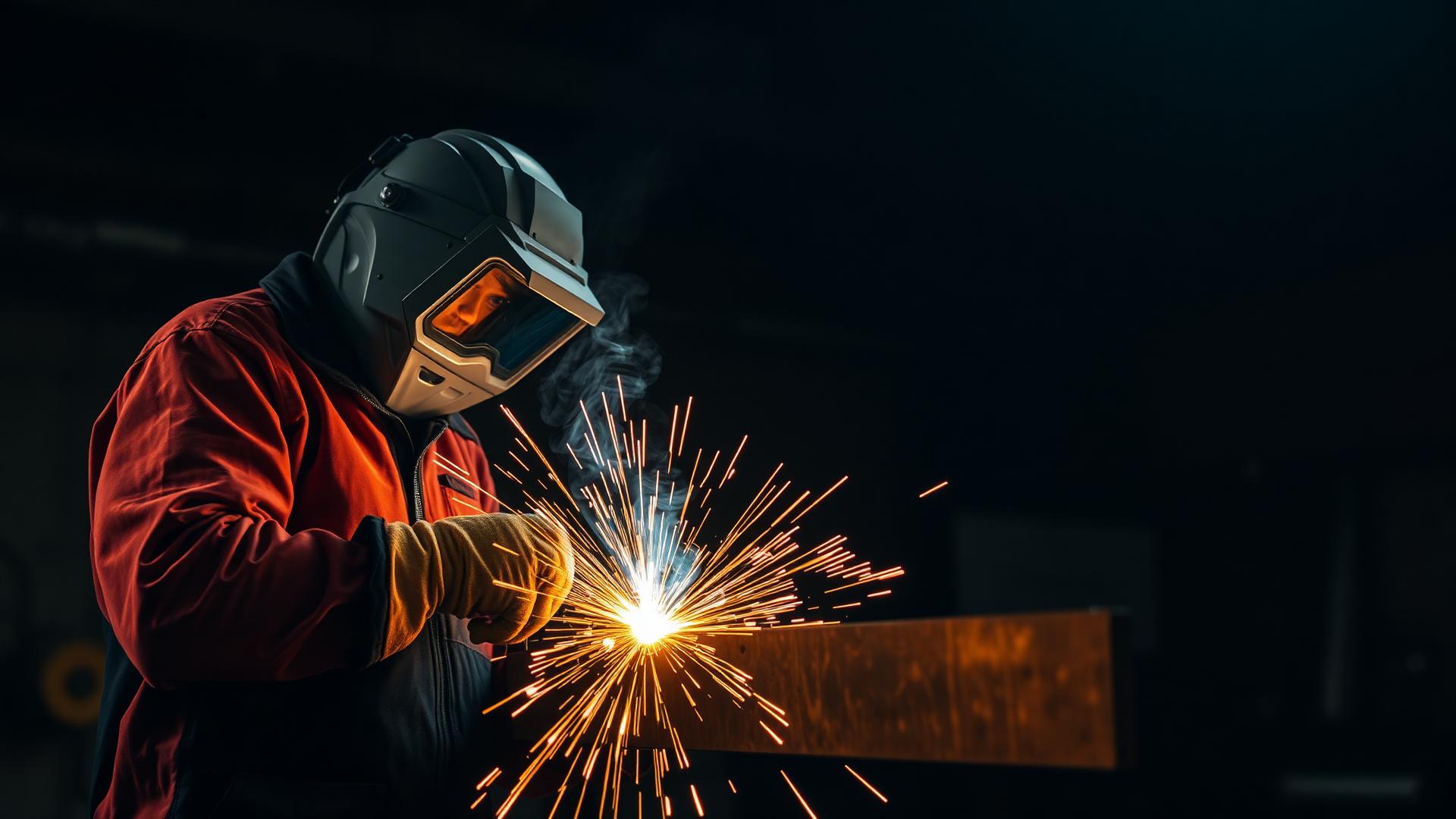 Welder shaping steel with flying sparks