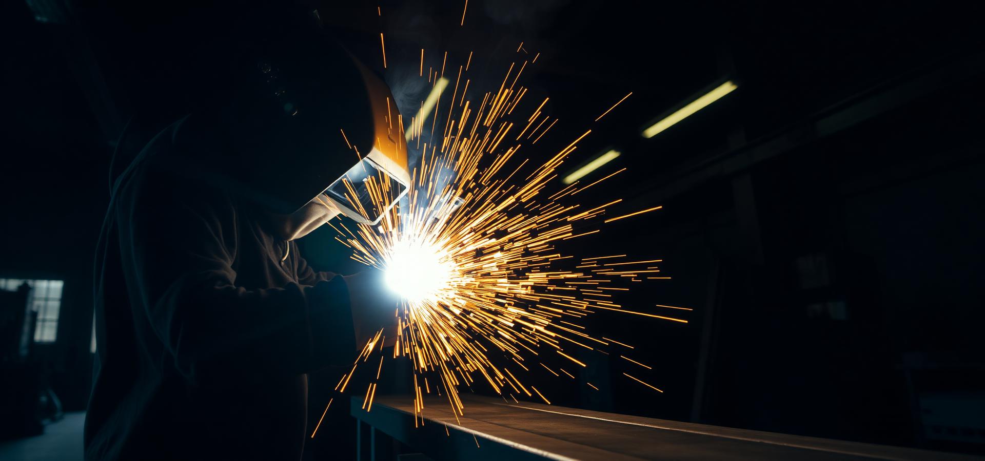 Welder with bright sparks in dark shop